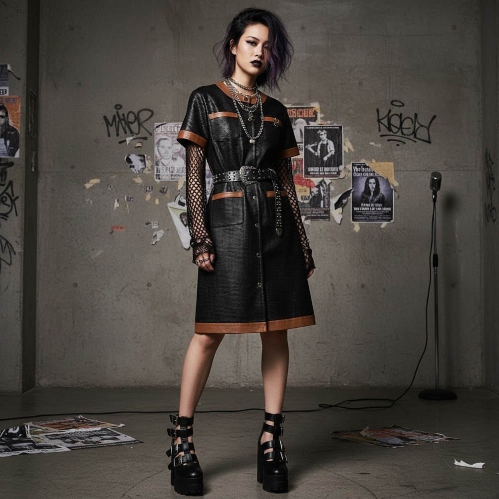 NWT Bod & Christensen Black Perforated Leather‎ Snap Front Shift Dress Sz 6 Punk